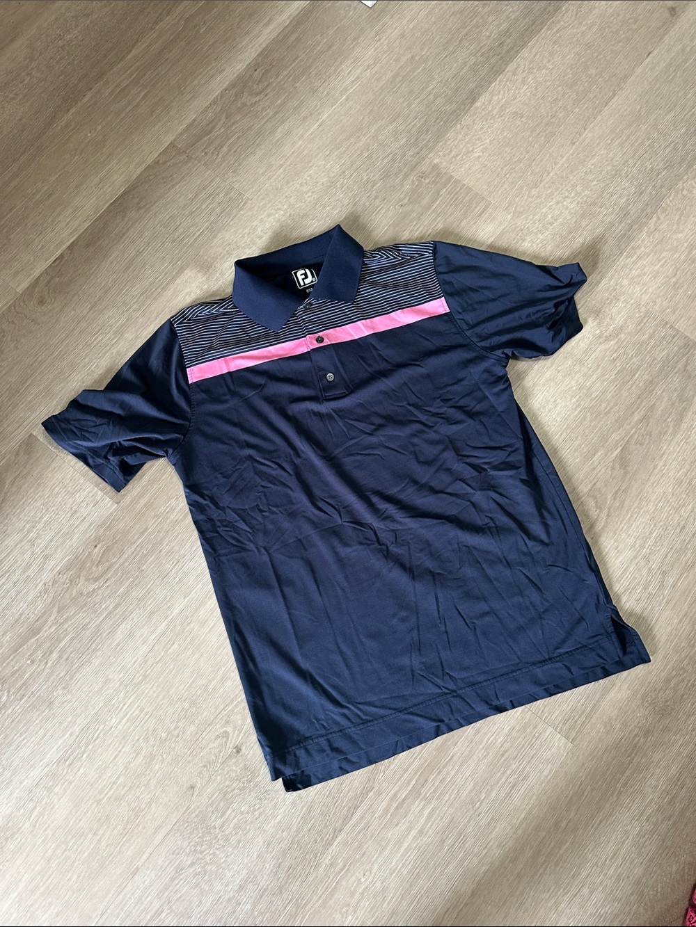 FootJoy Navy Polo with Pink Chest Stripe and Pinstripe Yoke